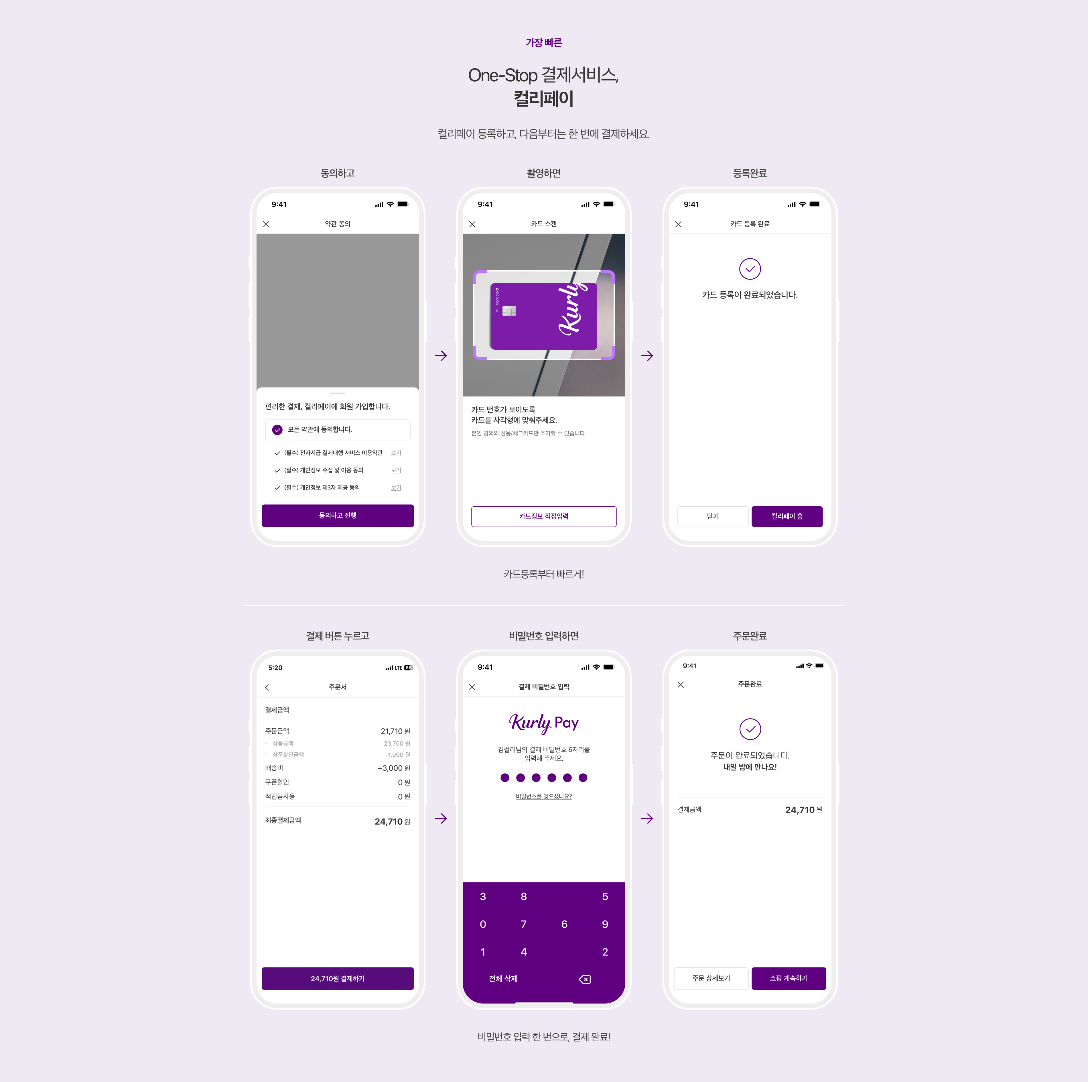 One-Stop 결제서비스, 컬리페이. 컬리페이 등록하고, 다음부터는 한 번에 결제하세요. 카드등록부터 빠르게! 비밀번호 입력 한 번으로, 결제 완료!