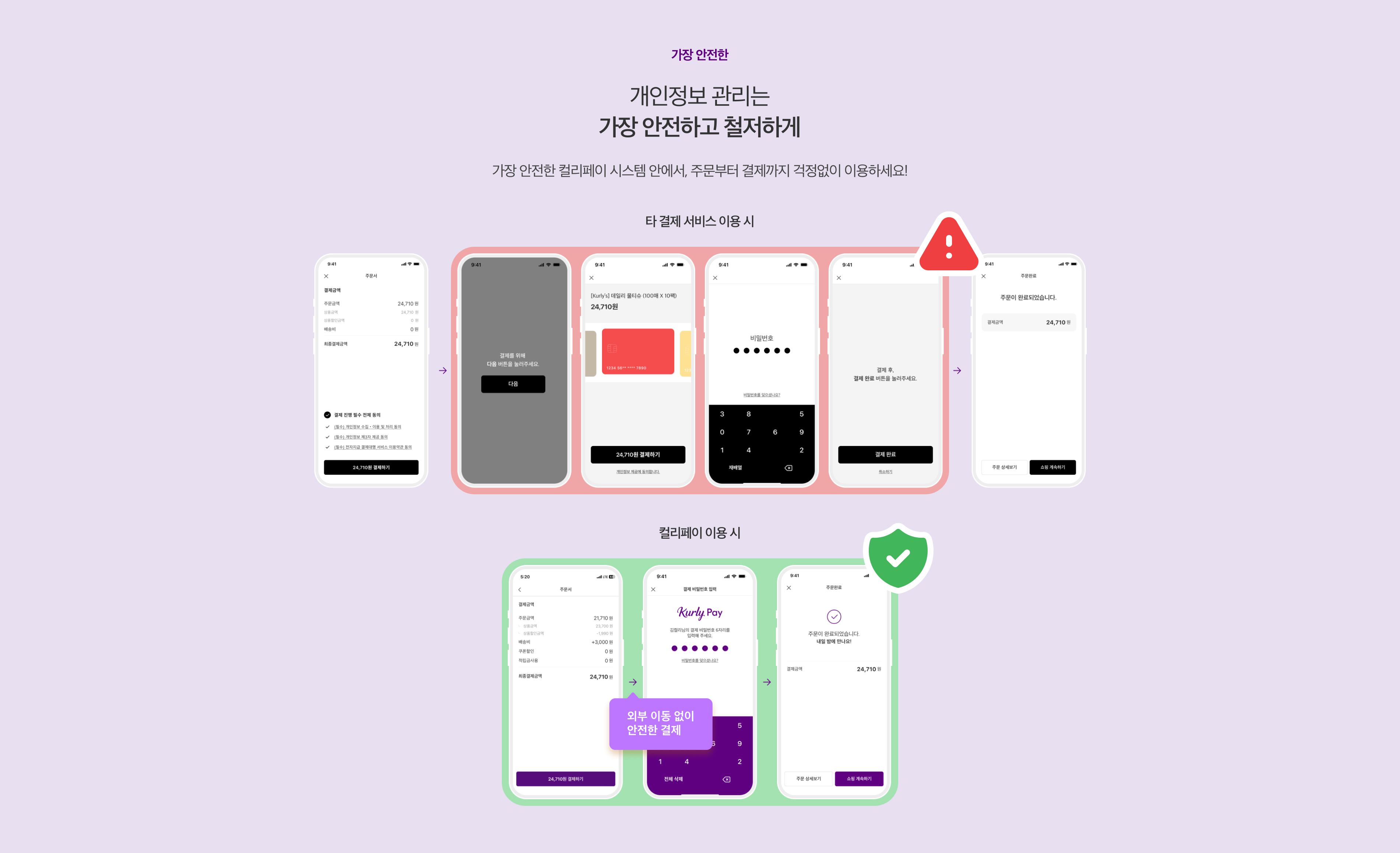 가장 안전한. 개인정보 관리는 가장 안전하고 철저하게. 가장 안전한 컬리페이 시스템 안에서, 주문부터 결제까지 걱정없이 이용하세요!
